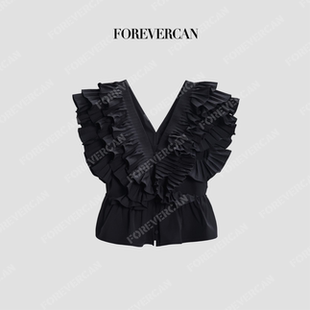 Forevercan女装“墨蝶”法式浪漫风收腰荷叶边无袖衬衫