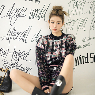 Forevercan2022新款进口订制羊毛编织提花格纹毛衣女秋季短款上衣