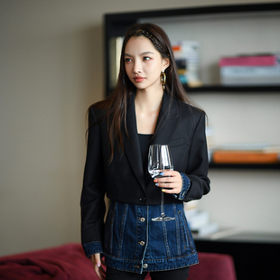 牛仔外套小个子收腰西服女 设计感小众拼接西装 CAN秋季 新款