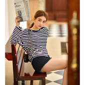 气质圆领上衣女复古条纹长袖 CAN夏季 新款 针织宽松套头毛衣