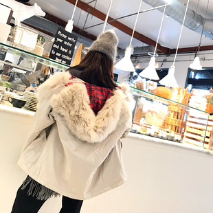 CAN冬季 少女外套 新款 毛毛领皮草拼接带帽保暖棉服宽松中长款
