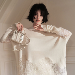 Forevercan女装2025秋季新款 高级感T恤毛衣进口羊毛立体蕾丝上衣