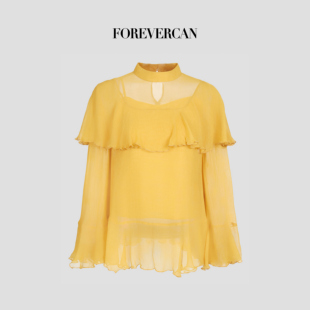 衬衫 Forevercan女装 女 罩衫 浪漫荷叶边领口喇叭袖 2025新款 气质法式
