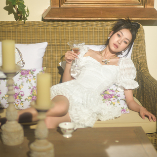 can方领一字肩短袖 荷叶边bm宫廷风白色连衣裙短裙女