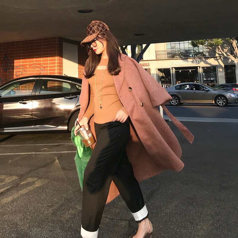 can复古风过膝纯色双面呢大衣