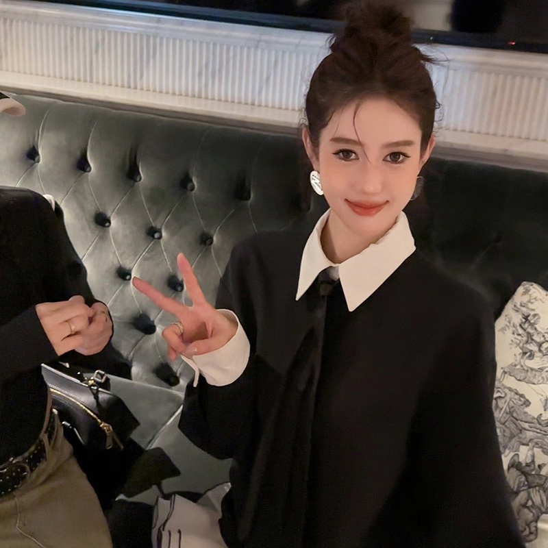 CAN新款三层荷叶摆领带衬衫裙女