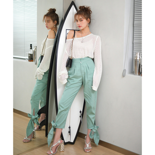 子高腰直筒宽松双口袋绑带九分休闲裤 盐系女裤 新款 CAN夏季