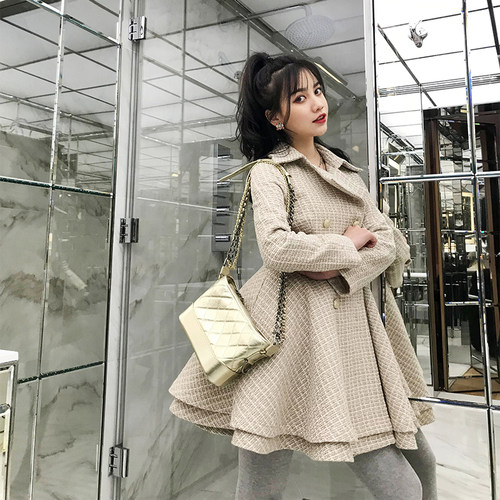 can小清新流行修身格子毛呢外套