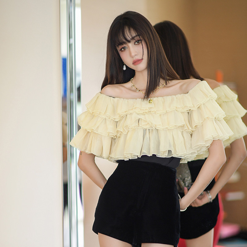 Forevercan古典庄园杨树林高订礼服欧纱短袖荷叶边一字肩网纱上衣