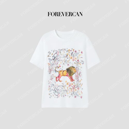 Forevercan女装“狮王花环”彩铅花卉印花百搭短袖T恤