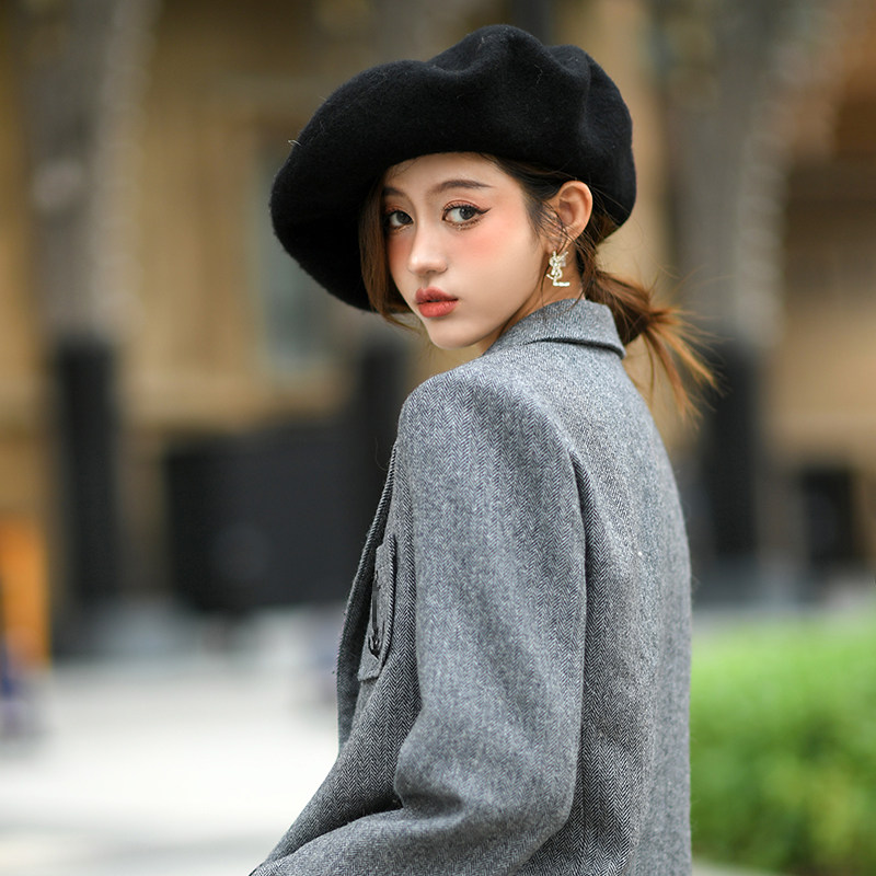 CAN2022秋冬新款进口28支羊仔毛ys*l家修身刺绣西装外套女