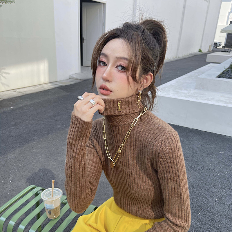 CAN2022新款 高领保暖套头羊绒羊毛毛衣长袖针织上衣休闲长裤女