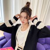 毛衣外套优雅中长款 CAN秋季 撞色针织上衣 薄款 开衫 新款 法式