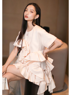 设计感小众上衣拼接荷叶边休闲百搭短袖 法式 T恤 新款 CAN夏季