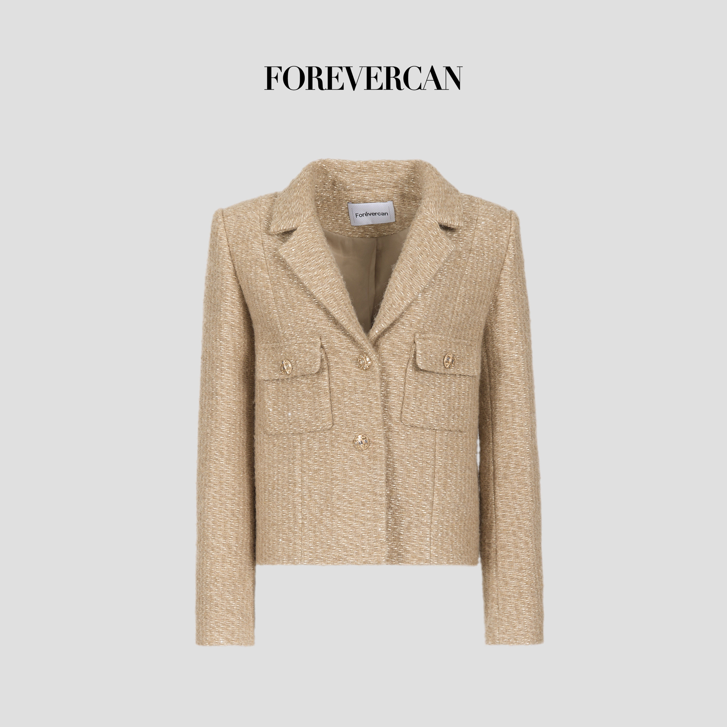 Forevercan女装2025新款达拉斯美丽诺羊毛呢短款正肩西装外套