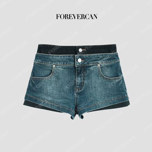 Forevercan女装“律动丹宁”复古假两件设计感牛仔裤百搭短裤