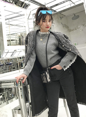CAN春装新款 减龄黑色百搭中腰抽绳设计修身显瘦直筒牛仔裤女