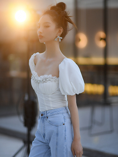 小众短款 CAN夏季 轻熟风衬衣方领泡泡袖 白色法式 上衣女 新款