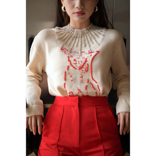 CAN秋季新款 重工烫钻条搭配小狐狸刺绣套头毛衣女领圈女服饰配饰