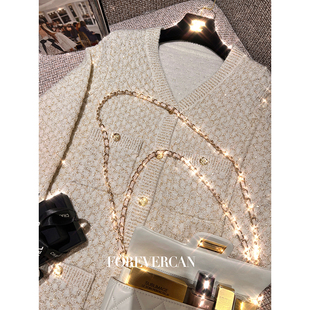 Forevercan女装2024早春新款高级感客订金银丝腰系带针织开衫外套