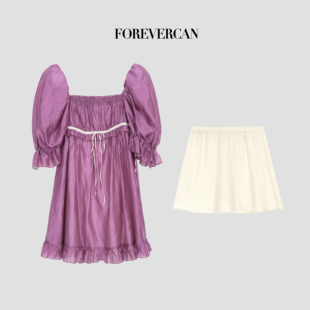 Forevercan女装2025新款“温柔以待”甜美少女感泡泡袖高腰连衣裙