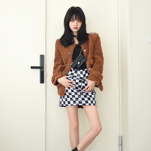 forevercan秋季新款 名媛风菱格毛毛外套女气质焦糖色大衣