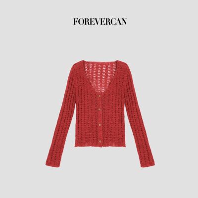 Forevercan女装“斯嘉丽”纯色百搭V领镂空针织开衫外套