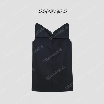 SSAVAGE女装大翻领一字肩小黑裙