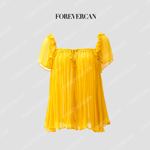 Forevercan女装“落日流光”法式慵懒风系带木耳边短袖上衣