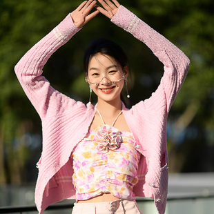 forevercan樱花浅语-染坊定染打褶抽绳挂脖外穿粉色裹胸上衣女