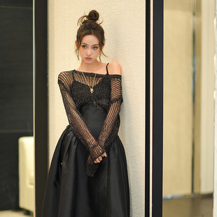 黑色针织毛衣气质宽松长袖 名媛风镂空薄款 上衣 新款 CAN秋季