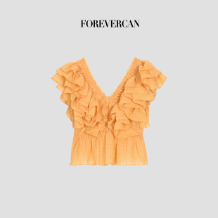 立体荷叶边V领收腰衬衫 午后暖阳 上衣 2025新款 Forevercan女装