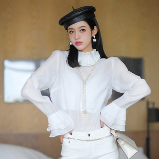 CAN 精细机器精纺天然丝绵名媛高领衬衫