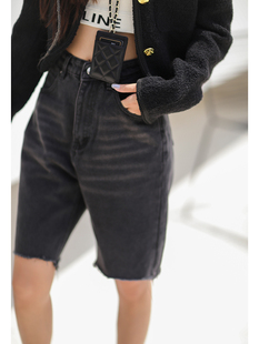 新款 中裤 黑色高腰水洗毛边牛仔裤 直筒五分裤 女修身 CAN夏季