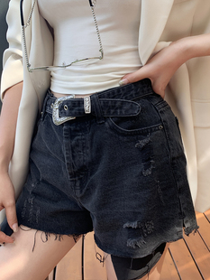 女腰带金属扣百搭出街热裤 CAN夏季 a字高腰牛仔短裤 时尚 潮 新款
