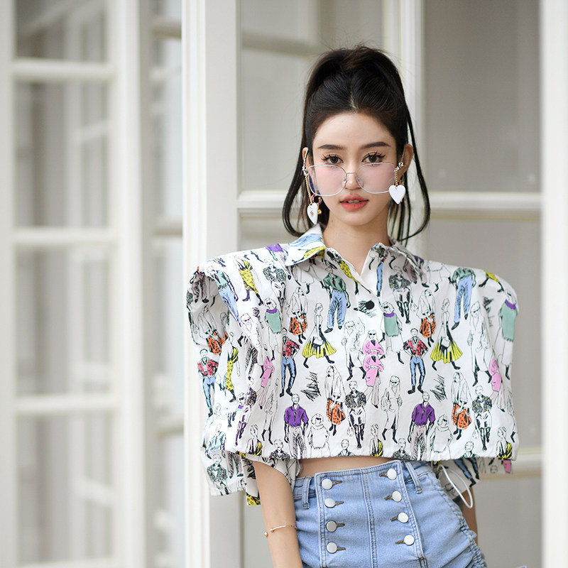 Forevercan2022进口满印小众设计感短款衬衫夏季小心机上衣女,女装/女士精品,衬衫,淘宝优惠券,粉丝福利购,淘宝优惠卷