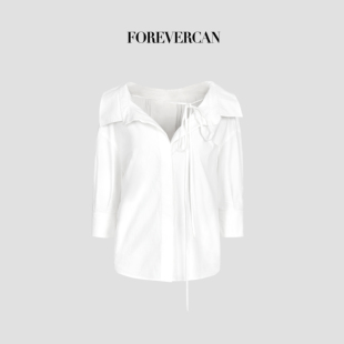 Forevercan女装 2025新款 留白哲学法式 极简慵懒风V领白色百搭衬衫