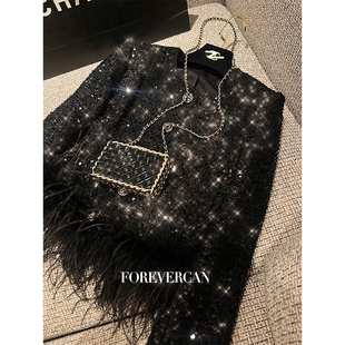 Forevercan女装 外套 2023秋冬新款 高级感气质名媛风百搭鸵鸟毛短款