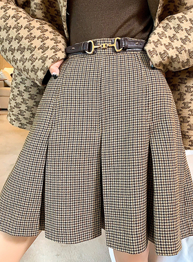 CANC*E羊毛拼蛋白质腰带百褶半身裙千鸟格a字短裙