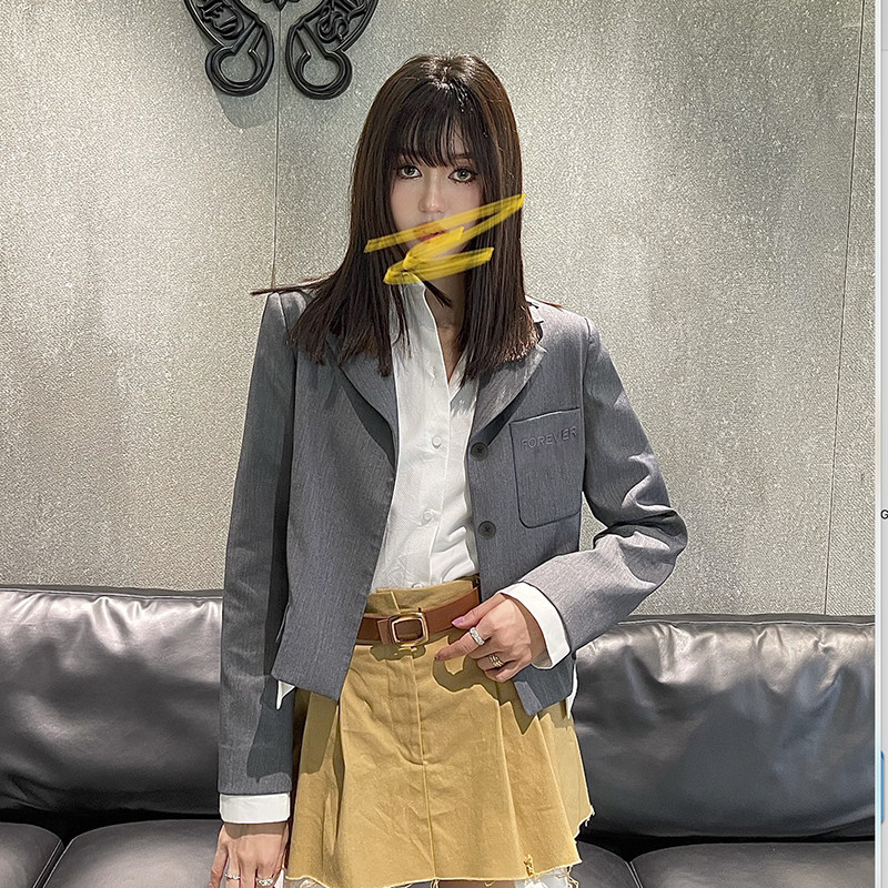 Forevercan 2022春夏高级订制精纺刺绣气质灰色西装外套女