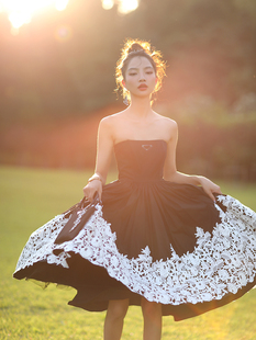 forevercan夏季新款「宝丽舞会」高定设计款黑色抹胸礼服连衣裙女