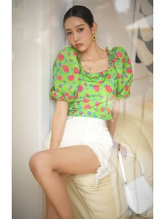 衬衫 CAN夏季 小碎花方领泡泡袖 法式 设计感小众别致上衣女 新款