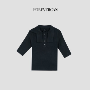 Forevercan女装2026新款南苏丹天丝亚麻高智感亨利领中袖针织衫