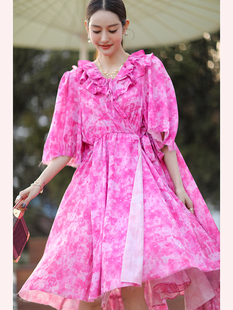 粉色不规则裙摆连衣裙女收腰显瘦长裙 荷叶边中袖 CAN夏季 新款