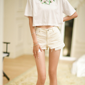 Forevercan白色水洗拼接牛仔短裤 夏季 女小个子百搭阔腿裤 a字热裤