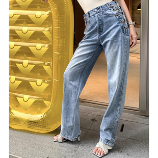 女金属链条高腰显瘦百搭裤 CAN夏季 洋气直筒牛仔裤 时尚 子 新款