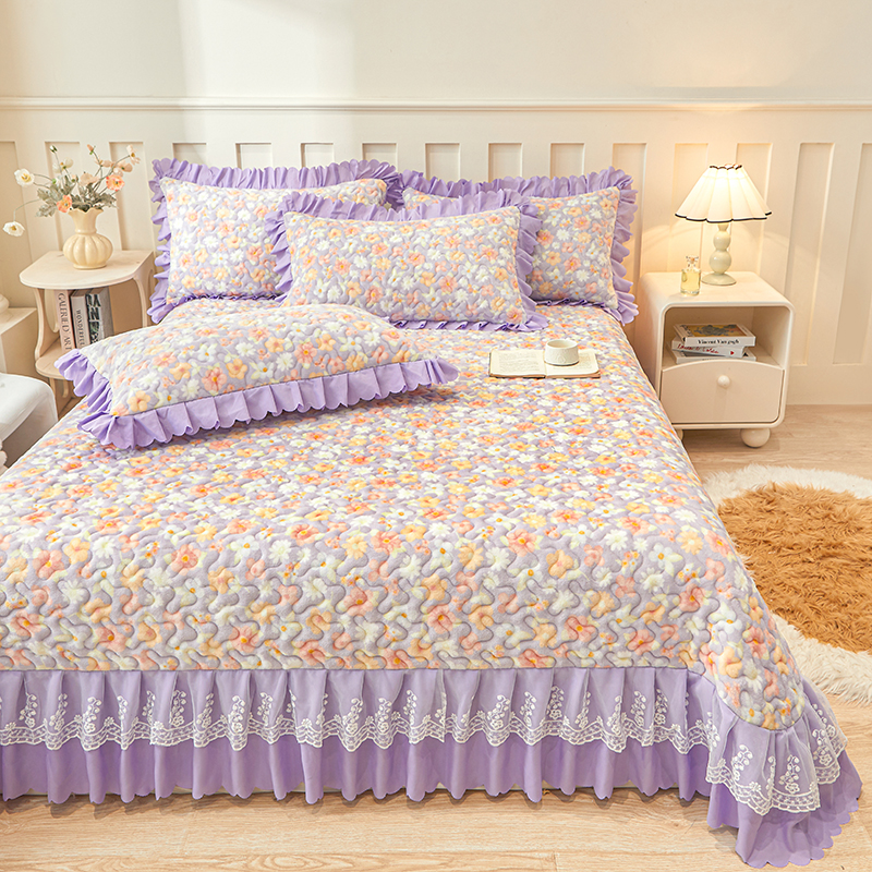 正品蕾丝花边牛奶绒夹棉床盖三件套加棉被盖单件加厚床单保暖床褥