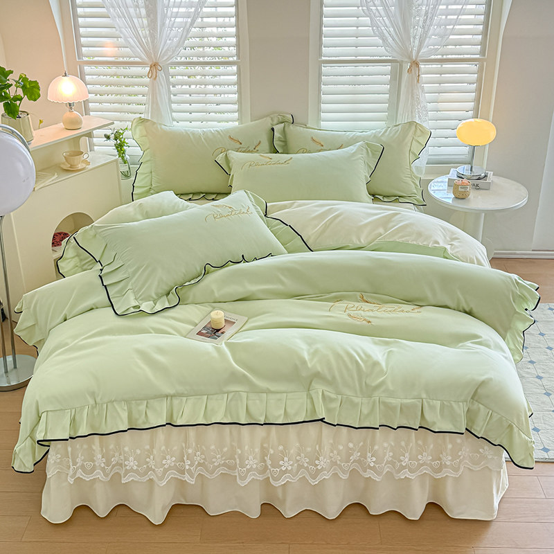 热销混搭纯色绣花床裙四件套床罩套件席梦思床垫防滑保护套床笠秋