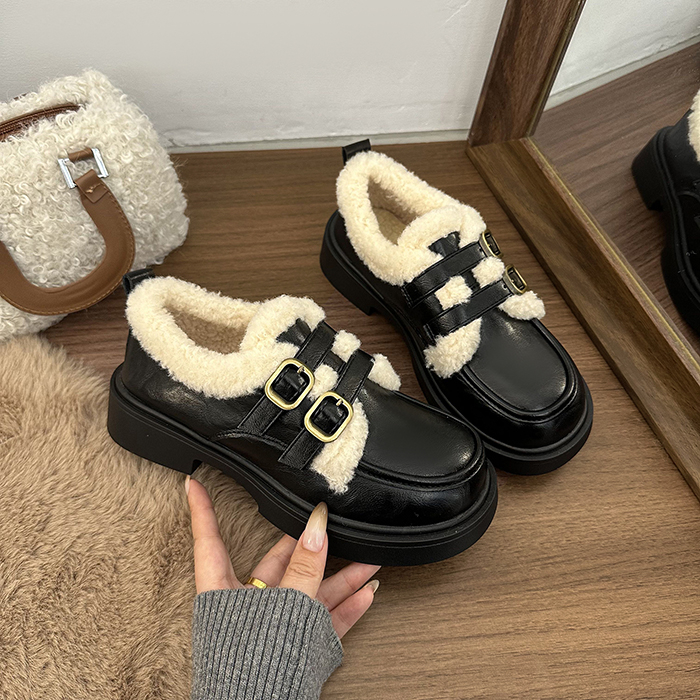 黑色jk小皮鞋女2025新款冬季加绒乐福鞋学院英伦风厚底玛丽珍单鞋