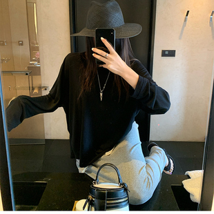 黑色冰丝网纱防晒罩衫 t恤微透宽松外搭叠穿上衣 女夏薄款 圆领长袖
